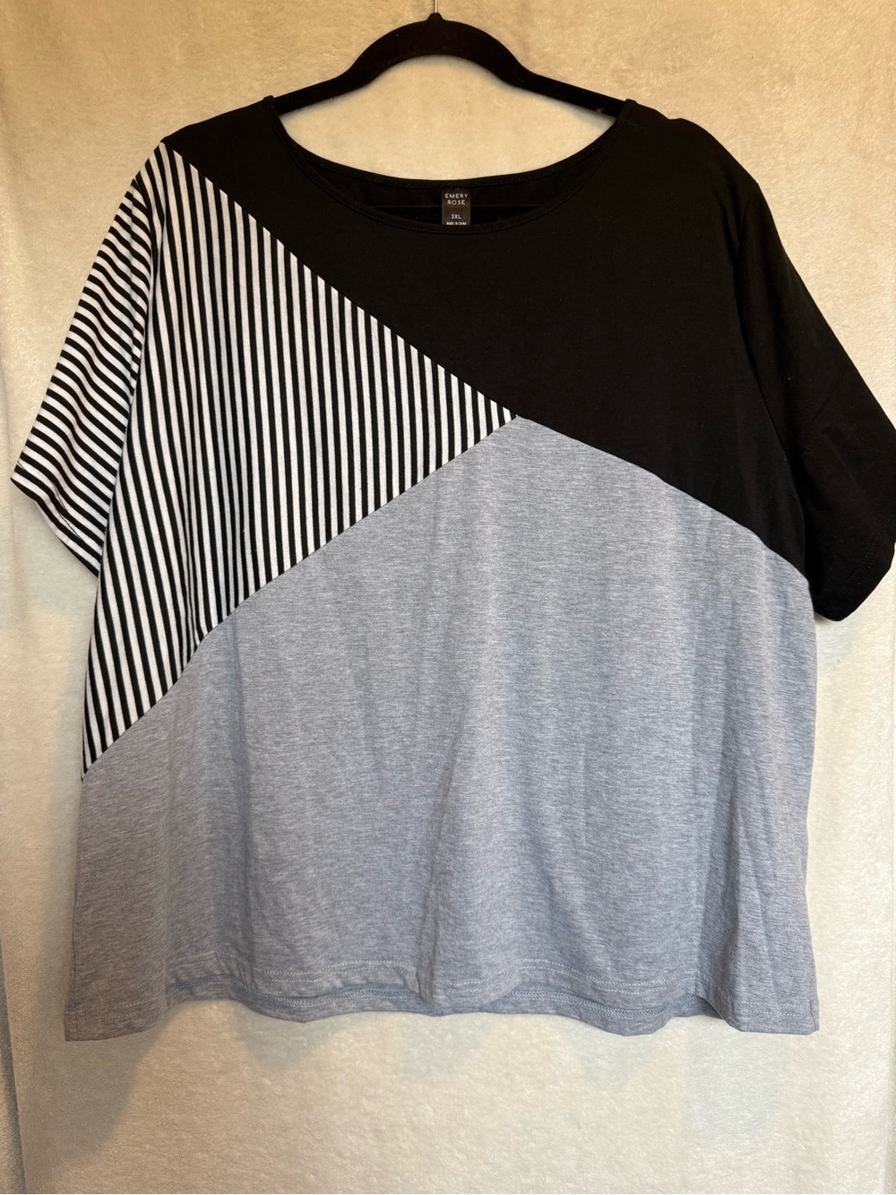 Emily Rose Women’s Short Sleeve Colorblock Black, White & Gray Striped Top